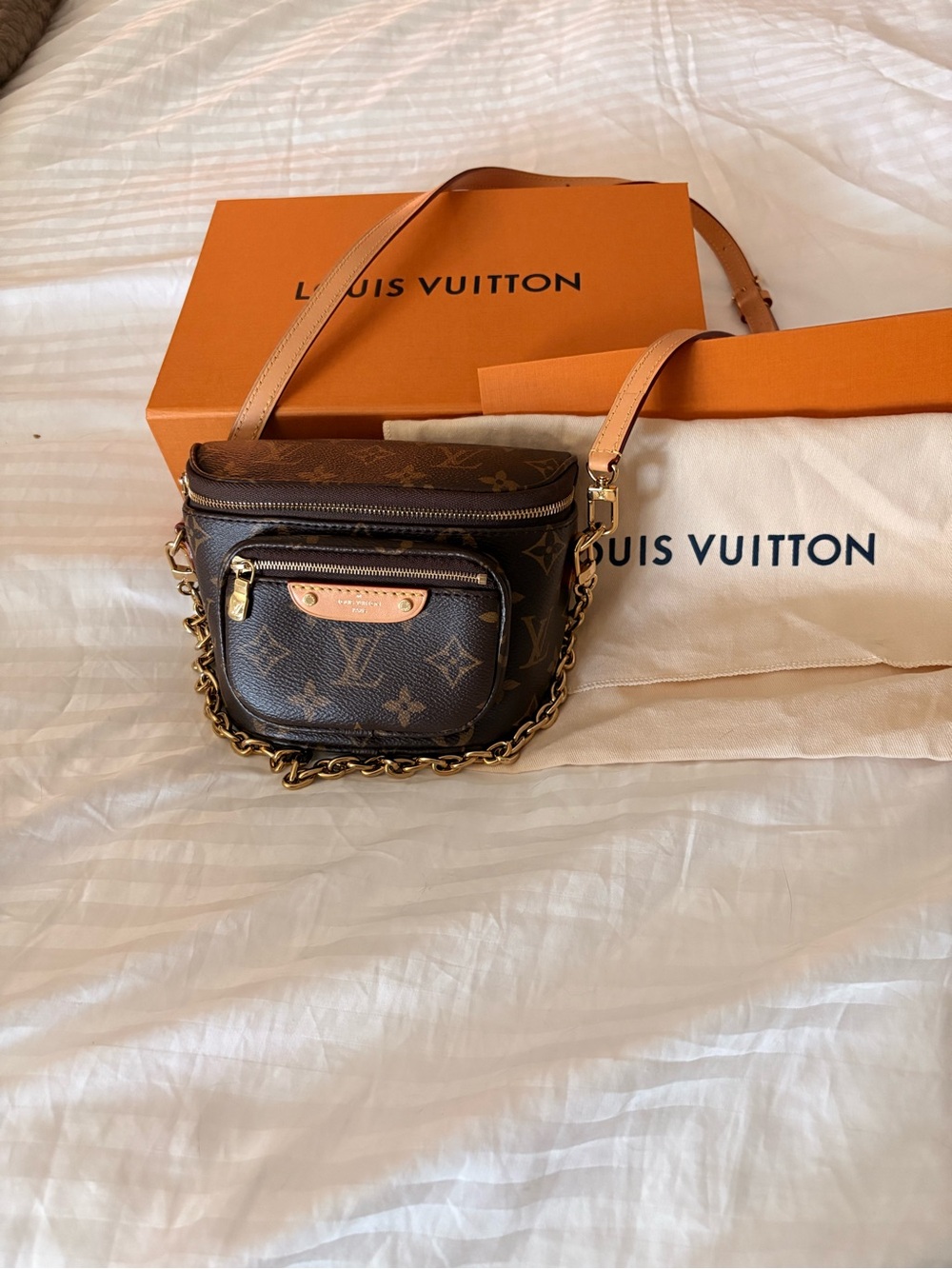Louis Vuitton Mini Bum Bag - Brown Monogram Crossbody with Chain and Tan Strap